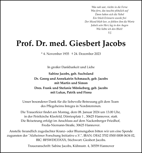 Traueranzeige von Giesbert Jacobs von Hildesheimer Allgemeine Zeitung