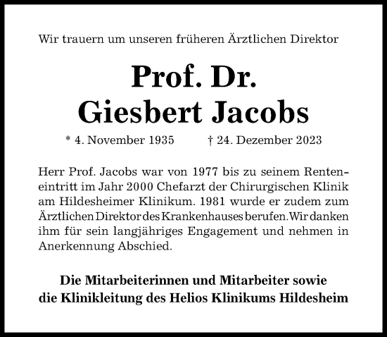 Traueranzeige von Giesbert Jacobs von Hildesheimer Allgemeine Zeitung