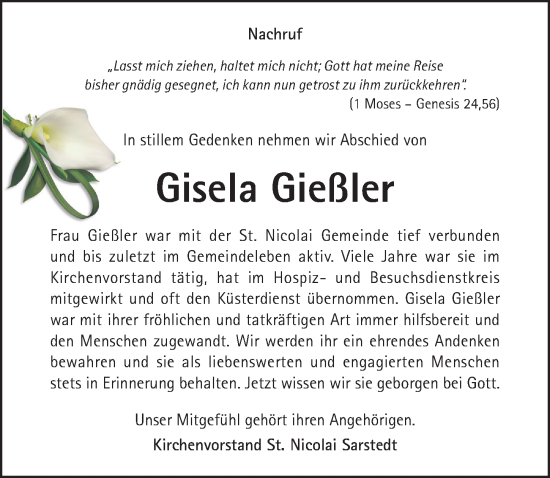 Traueranzeige von Gisela Gießler von Hildesheimer Allgemeine Zeitung