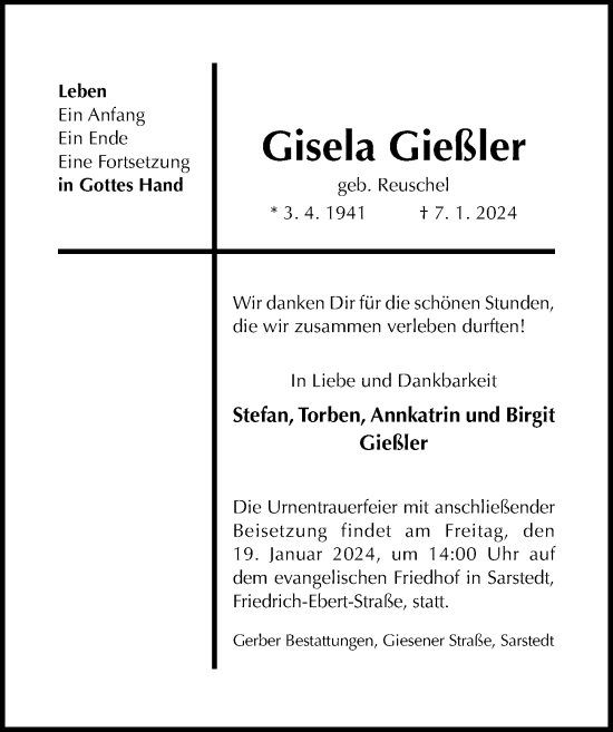 Traueranzeige von Gisela Gießler von Hildesheimer Allgemeine Zeitung