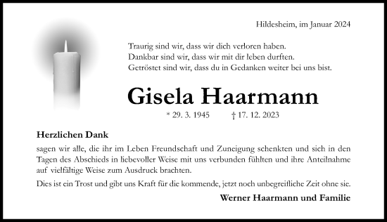 Traueranzeige von Gisela Haarmann von Hildesheimer Allgemeine Zeitung