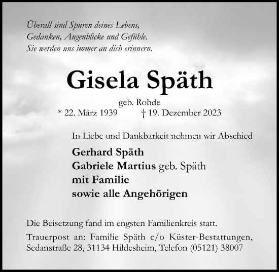 Traueranzeige von Gisela Späth von Hildesheimer Allgemeine Zeitung