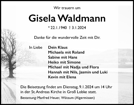 Traueranzeige von Gisela Waldmann von Hildesheimer Allgemeine Zeitung