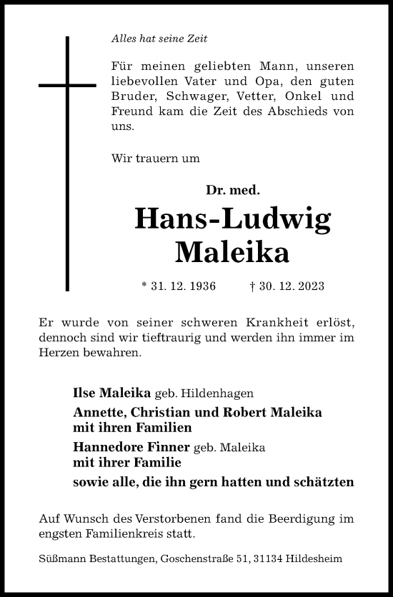 Traueranzeige von Hans-Ludwig Maleika von Hildesheimer Allgemeine Zeitung