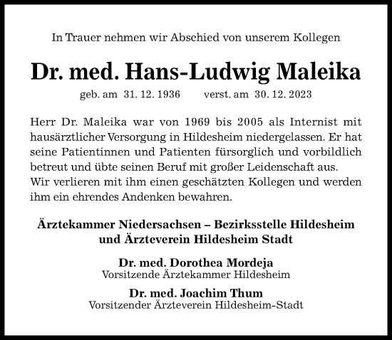 Traueranzeige von Hans-Ludwig Maleika von Hildesheimer Allgemeine Zeitung