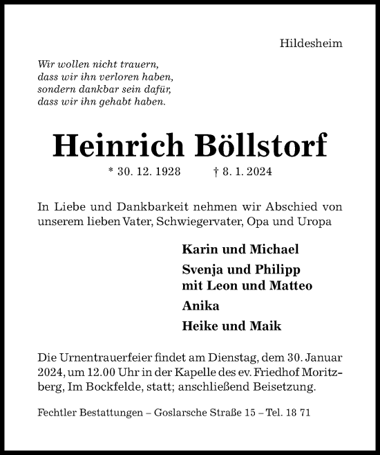 Traueranzeige von Heinrich Böllstorf von Hildesheimer Allgemeine Zeitung