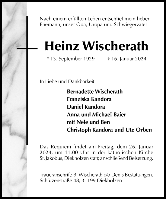 Traueranzeige von Heinz Wischerath von Hildesheimer Allgemeine Zeitung