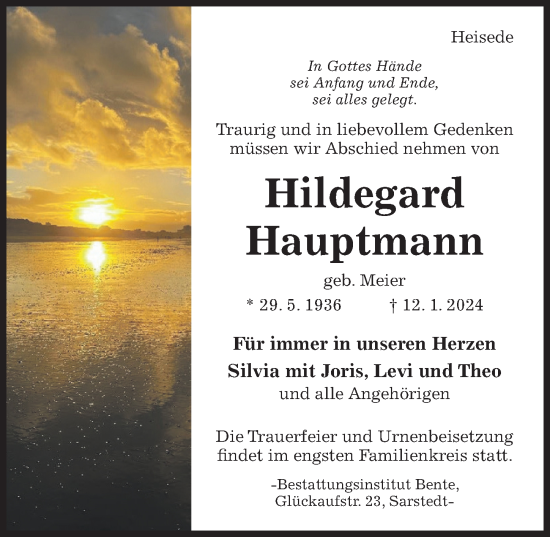 Traueranzeige von Hildegard Hauptmann von Hildesheimer Allgemeine Zeitung