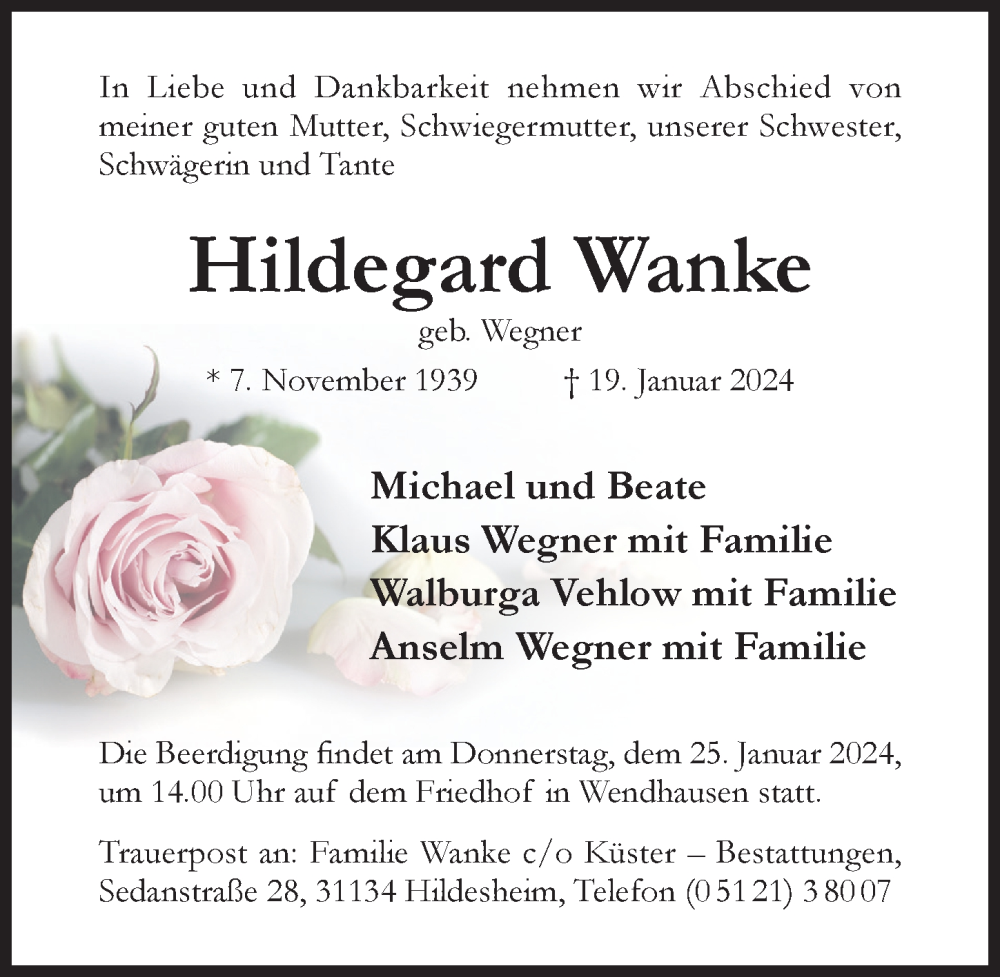  Traueranzeige für Hildegard Wanke vom 20.01.2024 aus Hildesheimer Allgemeine Zeitung