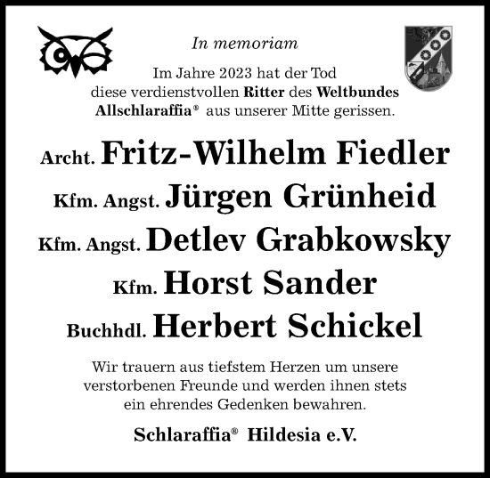 Traueranzeige von Horst Sander von Hildesheimer Allgemeine Zeitung