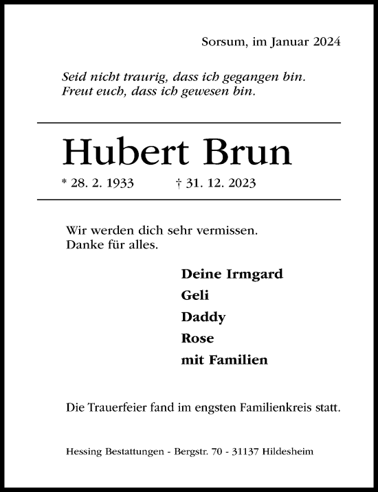 Traueranzeige von Hubert Brun von Hildesheimer Allgemeine Zeitung