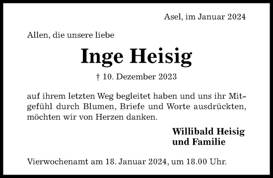 Traueranzeige von Inge Heisig von Hildesheimer Allgemeine Zeitung