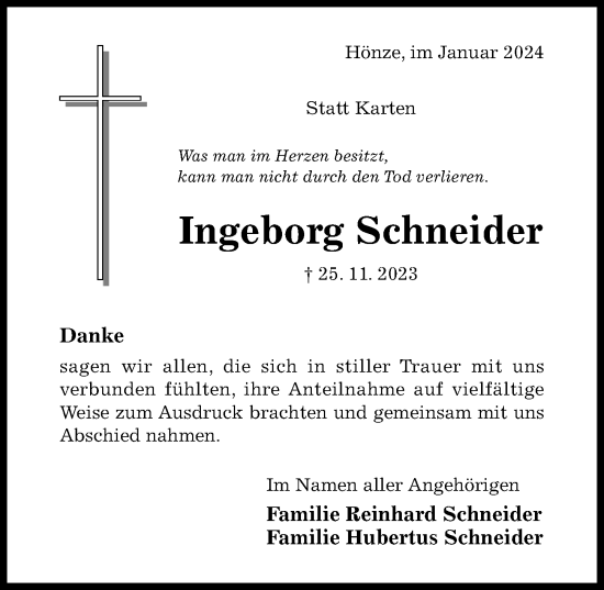 Traueranzeige von Ingeborg Schneider von Hildesheimer Allgemeine Zeitung