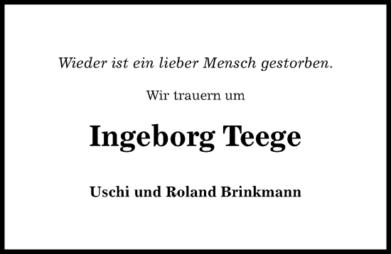 Traueranzeige von Ingeborg Teege von Hildesheimer Allgemeine Zeitung