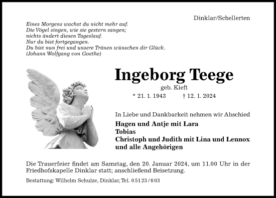 Traueranzeige von Ingeborg Teege von Hildesheimer Allgemeine Zeitung