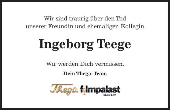 Traueranzeige von Ingeborg Teege von Hildesheimer Allgemeine Zeitung