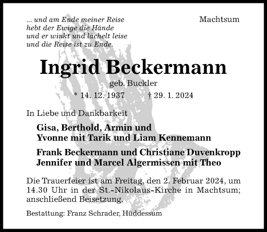 Traueranzeige von Ingrid Beckermann von Hildesheimer Allgemeine Zeitung