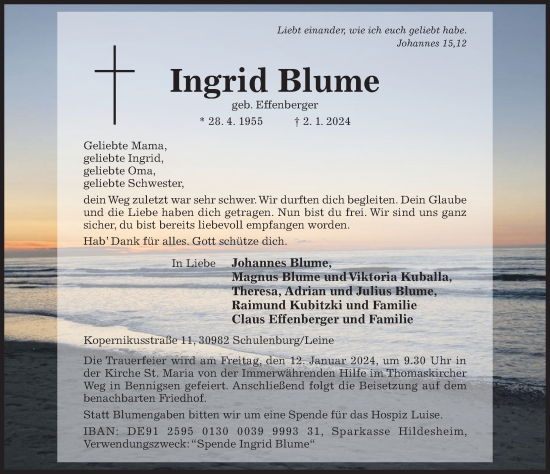 Traueranzeige von Ingrid Blume von Hildesheimer Allgemeine Zeitung