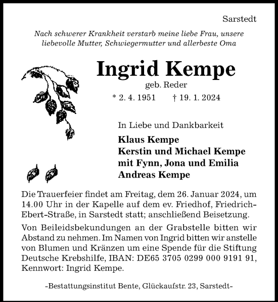 Traueranzeige von Ingrid Kempe von Hildesheimer Allgemeine Zeitung