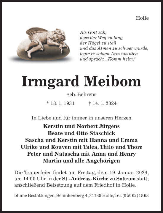 Traueranzeige von Irmgard Meibom von Hildesheimer Allgemeine Zeitung