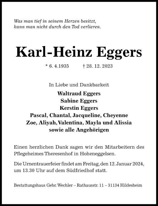 Traueranzeige von Karl-Heinz Eggers von Hildesheimer Allgemeine Zeitung