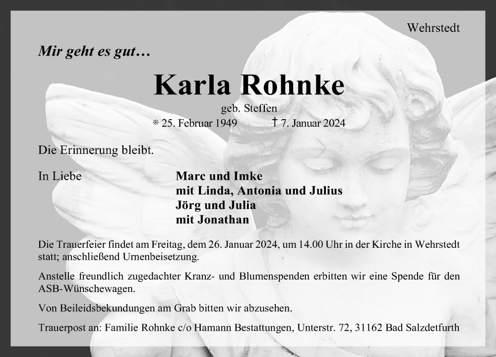  Traueranzeige für Karla Rohnke vom 13.01.2024 aus Hildesheimer Allgemeine Zeitung