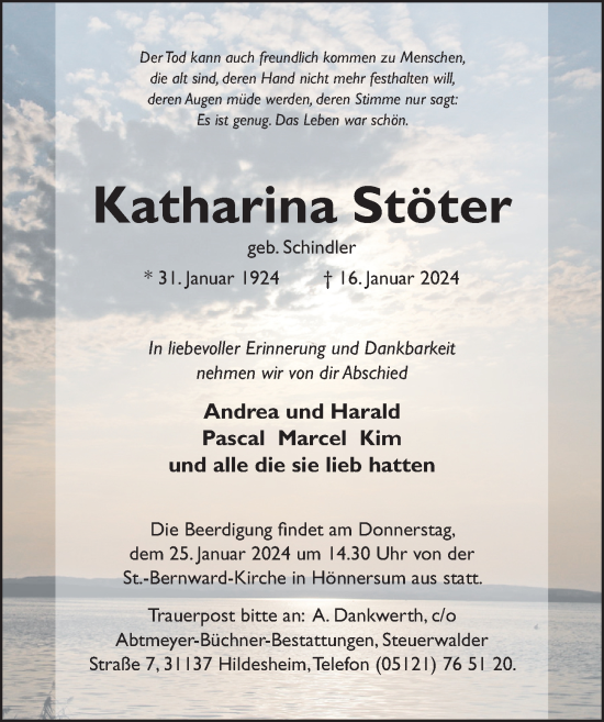 Traueranzeige von Katharina Stöter von Hildesheimer Allgemeine Zeitung