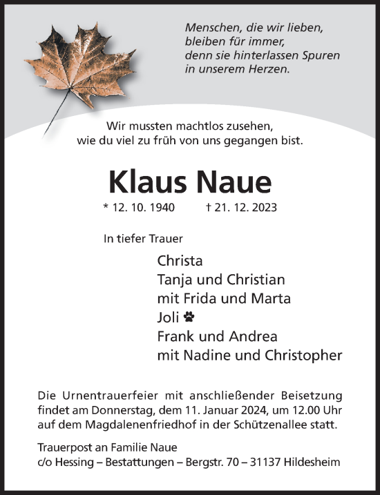 Traueranzeige von Klaus Naue von Hildesheimer Allgemeine Zeitung