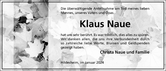 Traueranzeige von Klaus Naue von Hildesheimer Allgemeine Zeitung