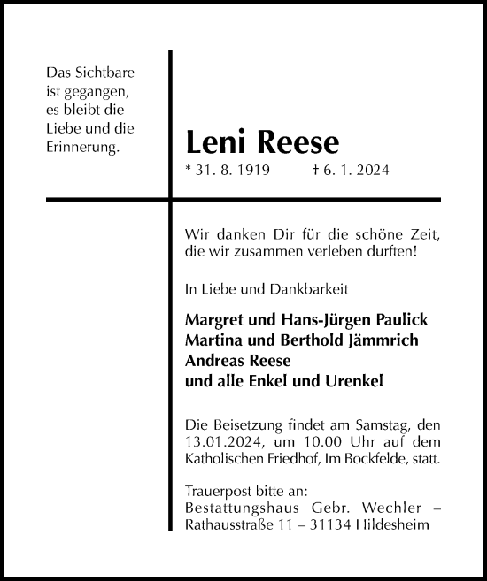 Traueranzeige von Leni Reese von Hildesheimer Allgemeine Zeitung