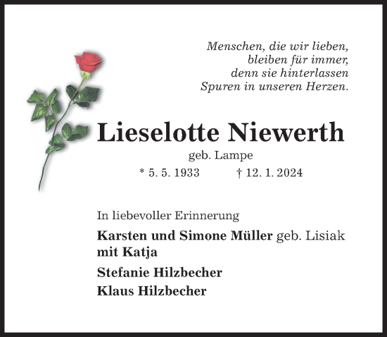 Traueranzeige von Lieselotte Niewerth von Hildesheimer Allgemeine Zeitung