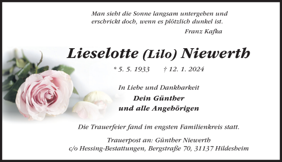 Traueranzeige von Lieselotte Niewerth von Hildesheimer Allgemeine Zeitung