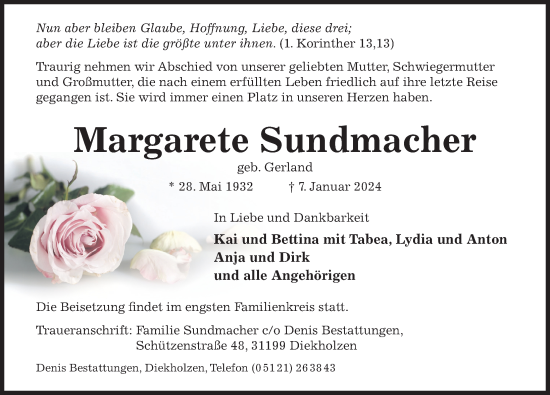 Traueranzeige von Margarete Sundmacher von Hildesheimer Allgemeine Zeitung