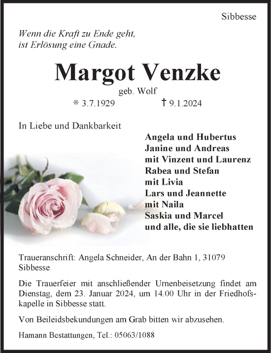 Traueranzeige von Margot Venzke von Hildesheimer Allgemeine Zeitung