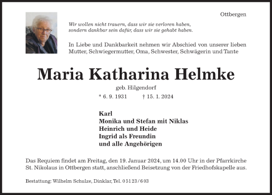 Traueranzeige von Maria Katharina Helmke von Hildesheimer Allgemeine Zeitung