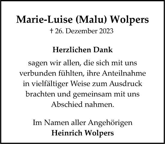 Traueranzeige von Marie-Luise Wolpers von Hildesheimer Allgemeine Zeitung