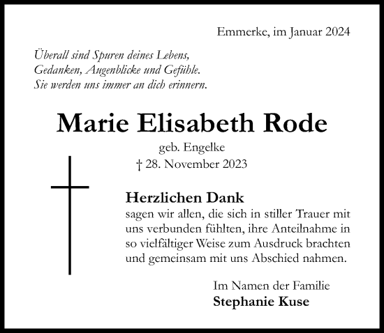 Traueranzeige von Marie Elisabeth Rode von Hildesheimer Allgemeine Zeitung