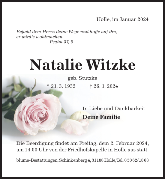 Traueranzeige von Natalie Witzke von Hildesheimer Allgemeine Zeitung