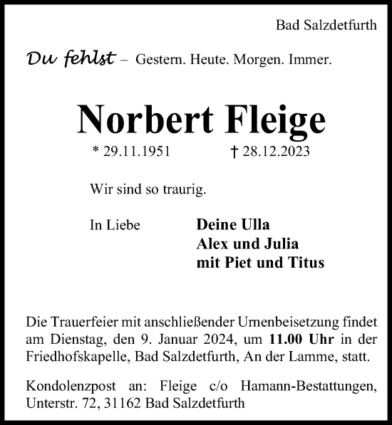 Traueranzeige von Norbert Fleige von Hildesheimer Allgemeine Zeitung