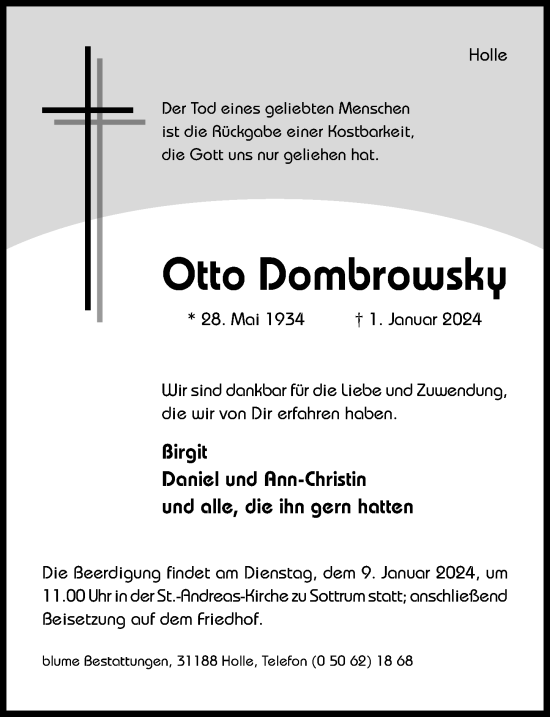 Traueranzeige von Otto Dombrowsky von Hildesheimer Allgemeine Zeitung