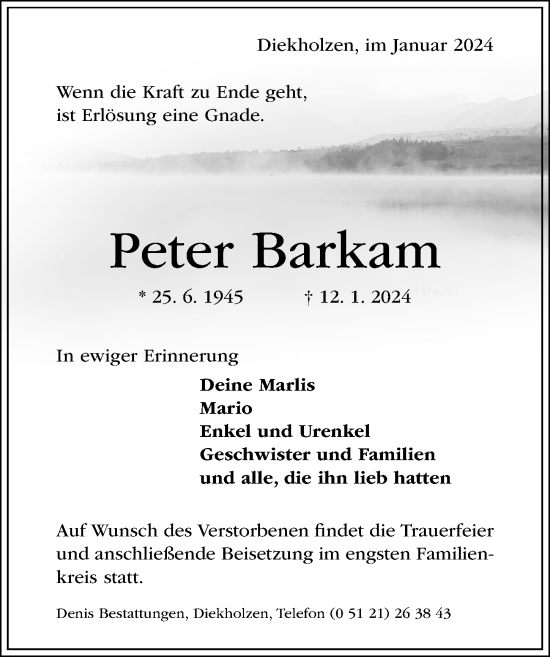 Traueranzeige von Peter Barkam von Hildesheimer Allgemeine Zeitung