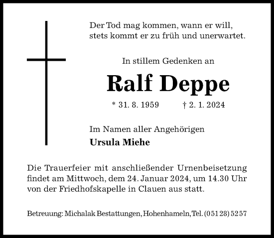 Traueranzeige von Ralf Deppe von Hildesheimer Allgemeine Zeitung