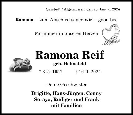 Traueranzeige von Ramona Reif von Hildesheimer Allgemeine Zeitung