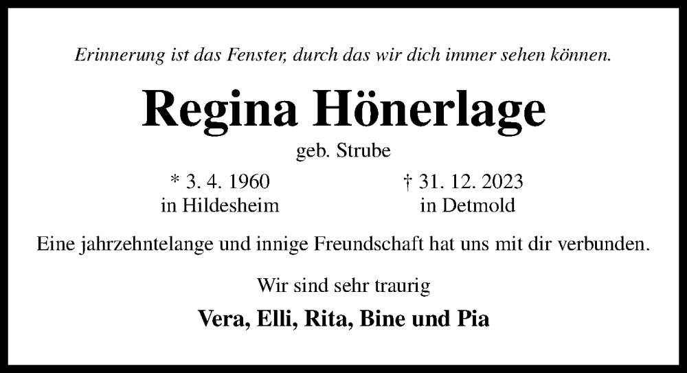  Traueranzeige für Regina Hönerlage vom 17.01.2024 aus Hildesheimer Allgemeine Zeitung