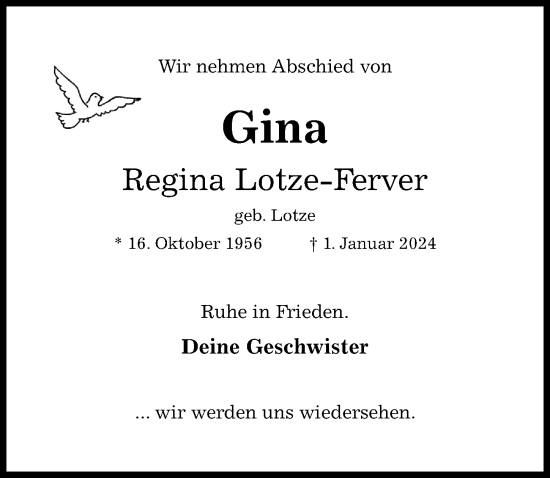 Traueranzeige von Regina Lotze-Ferver von Hildesheimer Allgemeine Zeitung