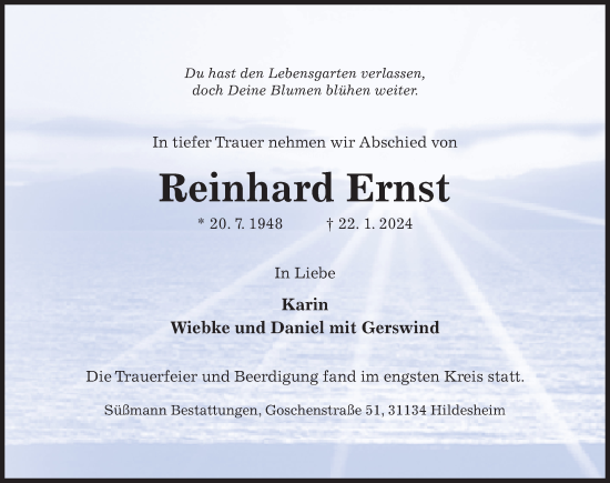 Traueranzeige von Reinhard Ernst von Hildesheimer Allgemeine Zeitung