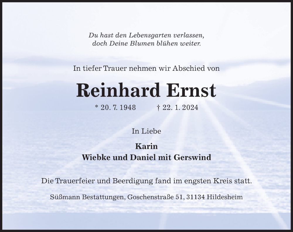  Traueranzeige für Reinhard Ernst vom 29.01.2024 aus Hildesheimer Allgemeine Zeitung