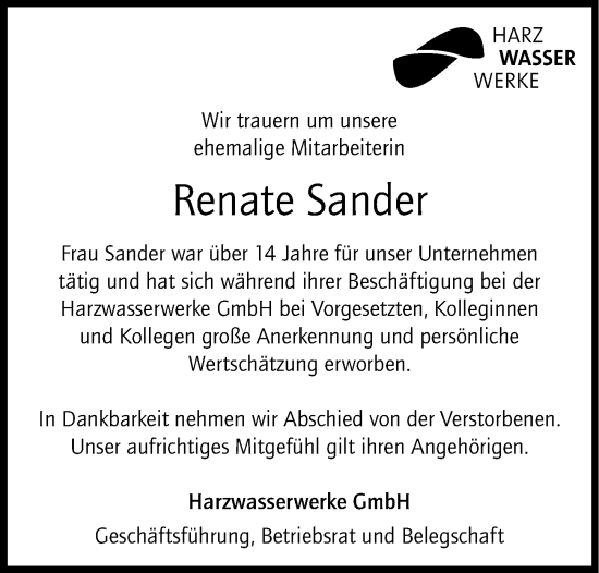 Traueranzeige von Renate Sander von Hildesheimer Allgemeine Zeitung