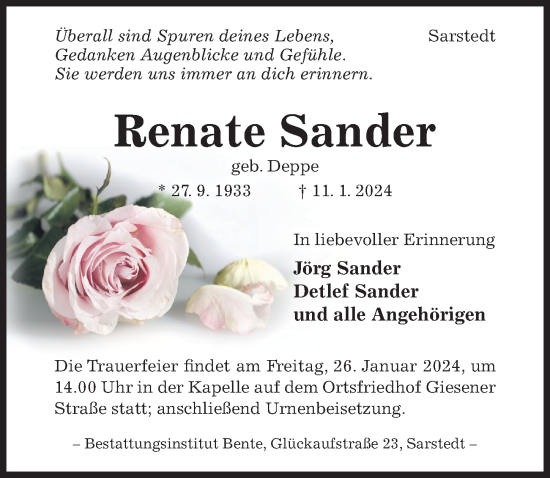 Traueranzeige von Renate Sander von Hildesheimer Allgemeine Zeitung