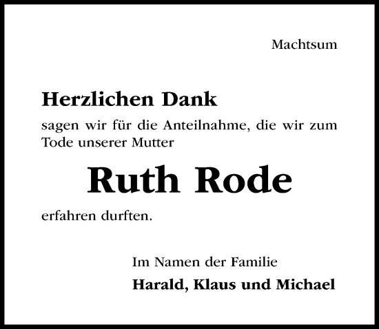 Traueranzeige von Ruth Rode von Hildesheimer Allgemeine Zeitung